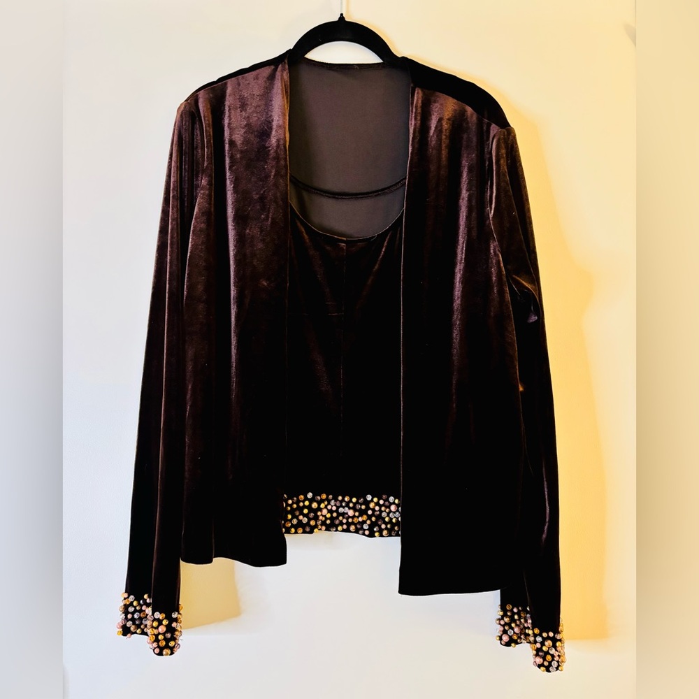 Elegant Velvet Tank and Cardigan Set with Beaded Trim Medium